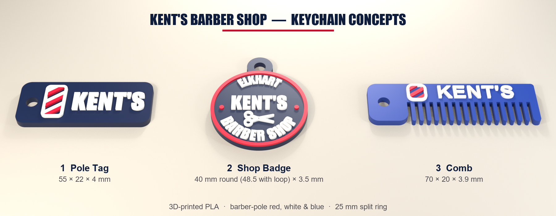 Custom shop keychains: pole tag, shop badge and comb